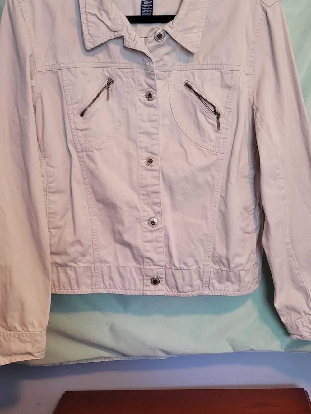 Women's Cream Denim-Style Button Jacket with Zip Chest Pockets